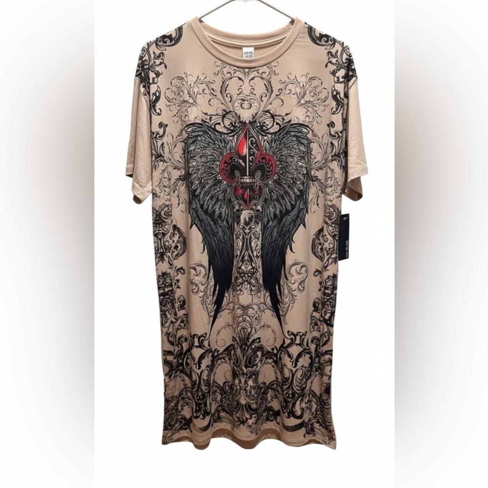 ON BLUE Tattoo Cross & Wings Graphic T-Shirt Dress Size Large NWT